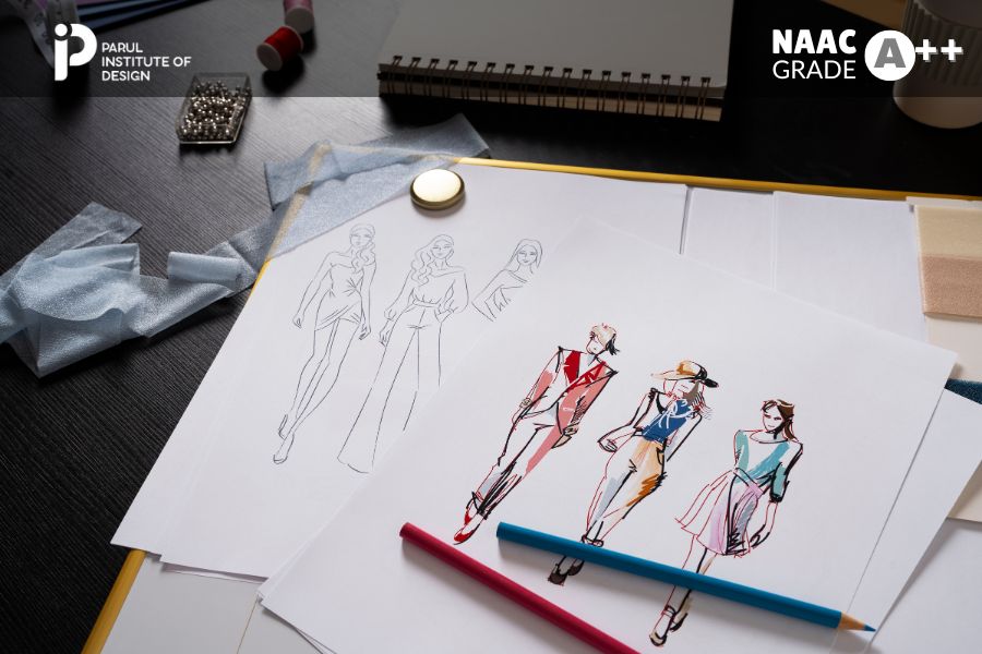 Fashion design portfolio theme board with colors, fabrics, and inspiration references.