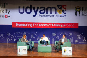 Udyam Fest 2026 speakers panel at Central Auditorium, Parul University Vadodara