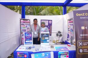 Student testing startup idea on laptop in campus setting